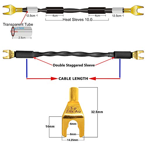 WORLDS BEST CABLES 4 Units - 6 Inch - Canare 4S11 – Audiophile Grade - 11AWG - HiFi Speaker Jumper Cable Terminated with Gold Spade Connectors