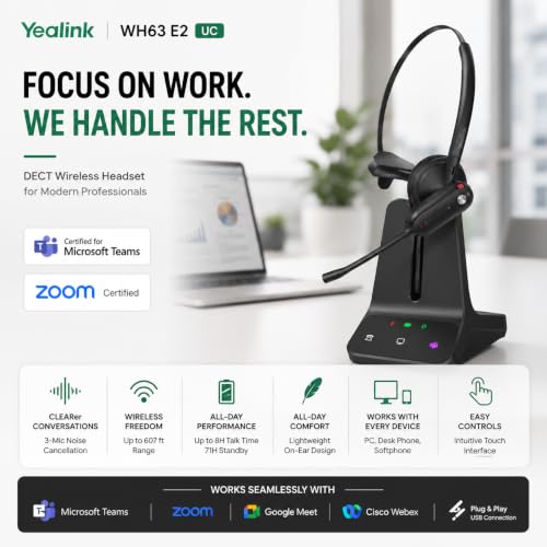 Yealink WH63 E2 Teams Wireless DECT Headset for Microsoft Teams, Convertible Mono Office Headset with Dual Noise Canceling Mics, Acoustic Shield, USB Base, 606 ft Range, 8H Talk Time