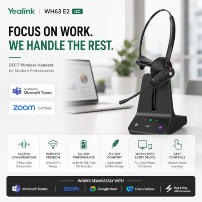 Yealink WH63 E2 Teams Wireless DECT Headset for Microsoft Teams, Convertible Mono Office Headset with Dual Noise Canceling Mics, Acoustic Shield, USB Base, 606 ft Range, 8H Talk Time