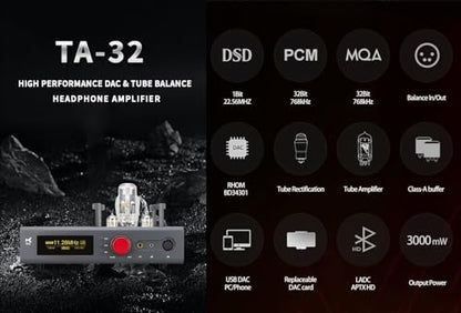 xDuoo TA-32 DAC Tube Balanced Headphone Amplifier Tube Preamp - Power UP to 3000mW, 16-600Ω, BT/USB/AES/Opt/Coax in