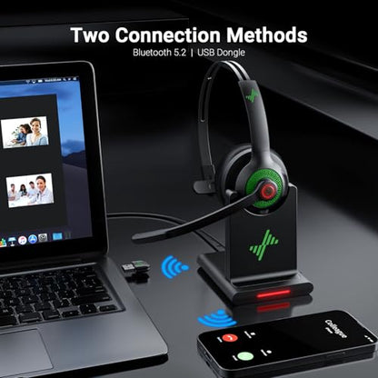 Bluetooth Wireless Headset with Mic for Work, Bluetooth 5.2, Advanced Noise Reduction Microphone, Clear Calls - Comfortable On-Ear Headphones, Applicable to PC, Laptop, Phone, Android, Zoom, Office - color: Black Green