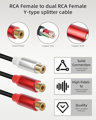 Short RCA Y Splitter Cable,1RCA Female to 2RCA Female Stereo Audio Extension Cable for Speaker,Subwoofer,Amplifier,Stereo System,Home Theater,2Pack(0.3M/1FT) - size: 1F to 2F