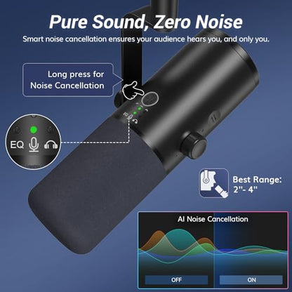 TONOR Dynamic Podcast Microphone for Studio, Cardioid XLR/USB Mic, AI Noise Cancellation, Tap Mute, 3.5mm Headphone Jack for Monitoring, Volume Control, Microfono with Desktop Stand, Black, TD510 AIR