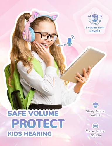 Cat Ear Bluetooth Headphones by iClever | SafeSound Tech, 50H Playtime, USB C Charging, AUX Cable, Stereo Sound, Kids Headphones Wireless with Mic for Tablet, Pink - color: Pink