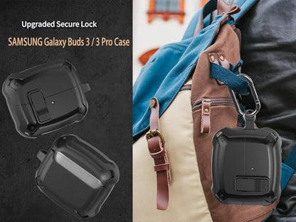 Galaxy Buds 3 Pro/3/3 FE Case Cover with Secure Lock Clip, Shockproof Samsung Galaxy Buds3/3 Pro 2024/3 FE 2025 Protective Hard Cover Shell with Carabiner&Cleaner kit for Men Women, Black - color: Black