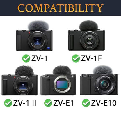 SOULWIT 2Pcs Windscreen Wind Muff for Sony ZV-1F/ZV-E10/ZV-1/ZV-E1/ZV-1 II Vlog Cameras, Cold Shoe Adapter with Furry Windshield + Mic Cover - Black