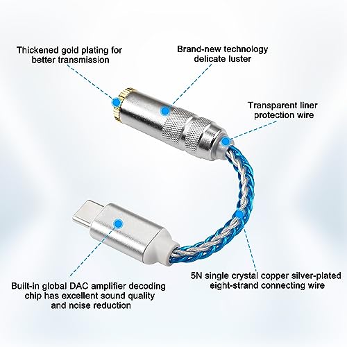 XMSJSIY USB Type C to 4.4mm Balanced DAC Audio Adapter USB C Male to 4.4mm Female HiFi Headphone Jack Amp PCM 32bit/384kHz with 5N Single Crystal Silver Aux Cable for Phone Latop and Type C Devices
