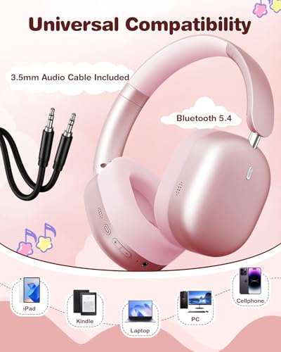 Wentronic Kids Headphones Wireless Bluetooth 5.4,Foldable Over Ear Headphones with 3.5mm Wired Mode,Safe Volume Limit,48H Playtime,Clear Calls,HD Sound for Toddlers/Children/School/Travel,Pink - color: Pink
