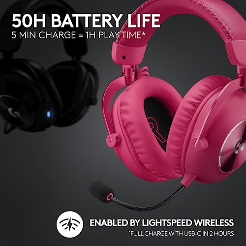 Logitech G PRO X 2 Lightspeed Wireless Gaming Headset, 50mm Graphene Drivers, DTS:X Headphone 2.0—7.1 Surround, Bluetooth/USB/3.5mm Aux, for PC, PS5, PS4, Switch - Magenta (Renewed)