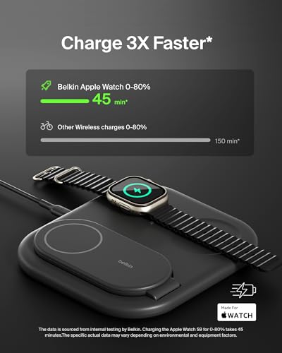 Belkin Qi2 Magnetic Wireless Charging Station, 3 in 1 Foldable Charger | MagSafe compatible, Apple Watch, AirPods, Qi2 certified, wireless charging station, travel stand - color: Black