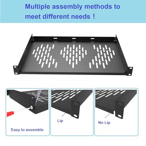Beiyier 2PCS 1U Server Rack Shelf, Suitable for 19" Network Equipment Racks and Cabinets, Ventilated Cantilever Tray, Depth of 12 inches, Well-Ventilated (Black) - size: 12”