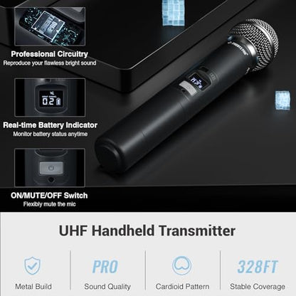 Phenyx Pro 8-Channel UHF Auto Scan Wireless Microphone System,PTU-6000-8H | 8 x 40 Frequencies, 328 ft Range, 8 Dynamic Handheld Microphones for Singing, Church, Karaoke, Wedding, Speaking, Party