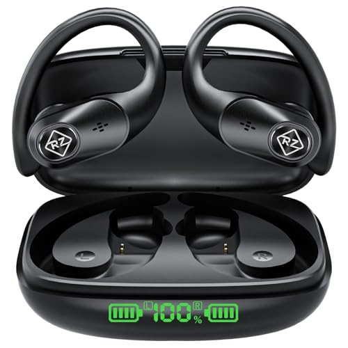 Wireless Earbuds Bluetooth Headphones 96H Playtime LED Display Waterproof | Built in Mic Deep Bass Sound Secure Over Ear buds Earhooks for iPhone Android Samsung CellPhones Sport Workout Gaming Running