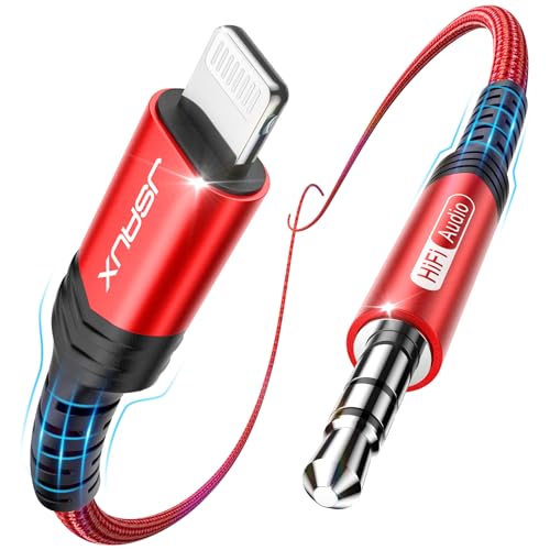 JSAUX MFi Lightning to 3.5mm Audio Cable 6FT for iPhone, Car Stereo, Red | Apple MFi Certified 24-bit/96kHz DAC; 15,000-bend-tested nylon braid for Lightning iPhone/iPad/iPod, for car stereo - color: Red, size: 6ft