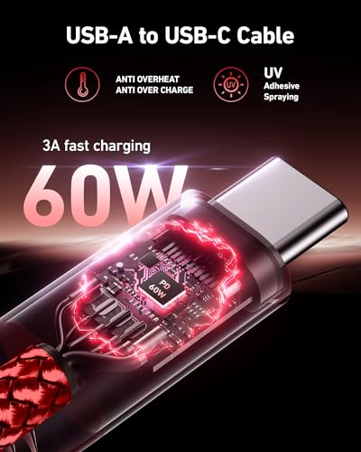 USB A to USB C 케이블 고속 충전 [2팩 1.8m(6피트), 차량용 USB to USB C 케이블 | 내구성이 뛰어난 브레이드 USB 타입 C 아이폰 충전기 USBC 코드 아이폰 17/16/15/프로 맥스/플러스, 삼성 갤럭시 S23 및 기타용 - 레드 - color: 레드, size: 6피트, style: USB A to USB C