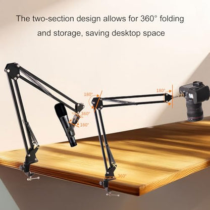 Bewinner Desktop Foldable Microphone Boom Arm with C Clamp, 4 Section Telescopic 98cm Reach, 360 Ball Head for Overhead Filming, Mic & Camera Mount