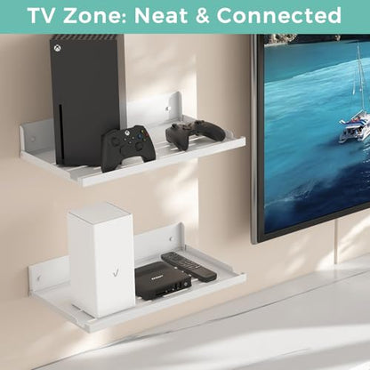 Router Shelf Wall Mount Foldable - 14" Width for Router and Modem | Fold Up Metal Shelf w/Cable Hole & Heat Vents | Space-Saving Holder for WiFi Devices/TV Box (14" W×8" D, White) - color: White (14-inch)