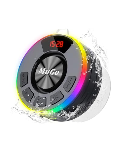 MuGo Waterproof Bluetooth Shower Speaker with Strong Suction Cup, IPX7 Portable Wireless Speaker, 360° HD Sound & RGB Lights, Bluetooth 5.3, 10H Playtime – Shower Radio for Home/Party/Outdoor/Gifts - color: Matte Black