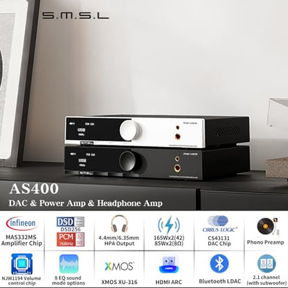 SMSL AS400 Power Amplifier 165W x 165W DAC Headphone Amp MM Phono Preamp | MA5332M5 Chip USB/Coax/Opt/HDMI ARC/RCA/Phono Input 2.1 Channel Speaker/Subwoofer 4.4mm/6.35mm Headphone Output Silver