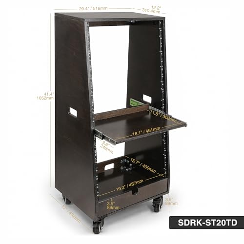 Sound Town DIY Slanted 20U Studio Rack (12U Top + 8U Lower) with 2U Bottom Storage, Slide-Out Tray, Casters, for Home Studio and Recording Room, Birch Plywood, Black Espresso (SDRK-ST20TD) - size: 20u(12u Top + 8u Lower),Black Espresso