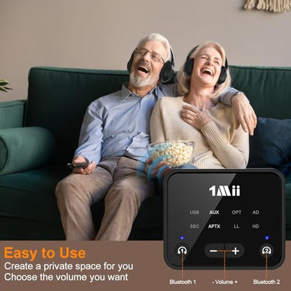 1Mii Bluetooth 5.3 Transmitter for TV to 2 Wireless Headphones/Speakers | aptX Adaptive/HD, Optical/AUX/RCA Audio Inputs with Volume Control, 100FT Long Range Bluetooth Adapter for Television
