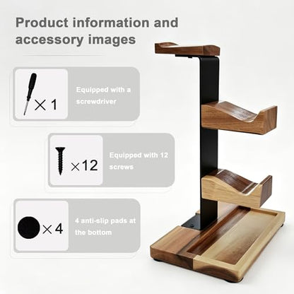 Acacia Wood Gaming Headset Stand & Dual Controller Holder, Solid Wood Desk Organizer Compatible with PS5, Xbox, Switch, Over-Ear Headphones, Gamer Gift for Men