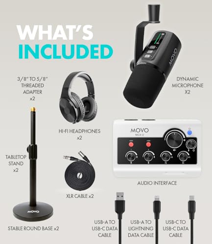 Movo PodPro+ Podcast Equipment Bundle for iPhone & Android – Professional Podcast Kit with Audio Interface, 2 Dynamic Mics, 2 Headphones, and Table Stands – Compatible with Smartphones, PC, and Mac - style: with Desk Stands and Headphones