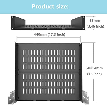 2U 16" Server Rack Shelf for 19-inch Network Rack or Cabinet | Universal Vented Rack Mount Cantilever Tray -16 Inch Deep for Server, IT & Sound Equipment Black (2U16InD) - size: 2U16InD