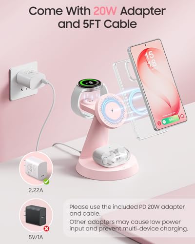 Meifigno Magnetic Wireless Charger for Samsung, 3 in 1 Charging Station Compatible with MagSafe Samsung Charger for Galaxy S26 Ultra S25 Z Fold7/Flip7, Charger Stand for Galaxy Watch Ultra 8 7, Pink - color: PINK