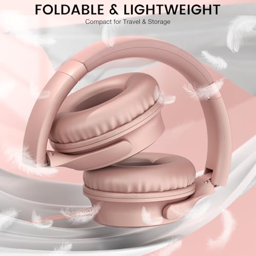 USB C Wired Over-Ear Headphones with Microphone | Volume Control, Share Port, Adjustable Headband Foldable Stereo Headset for Adult/Teens for iPhone 16, Laptop, Gaming, Travel - color: Rose Gold