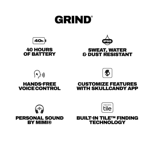 Skullcandy Grind Wireless In-Ear Earbuds - True Black | Noise Isolating Fit, Bluetooth, 40 Hours Battery, Microphone for iPhone Android, Customizable Sound, True Wireless - color: True Black, style: Grind