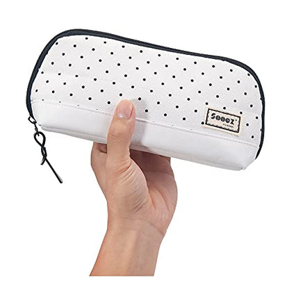 Sooez Wide-Opening Pencil Pen Case, Lightweight & Spacious Pencil Pouch Zipper Stationery Bag, Aesthetic Supply with Triangular Design for Adults, Black Dots - color: White