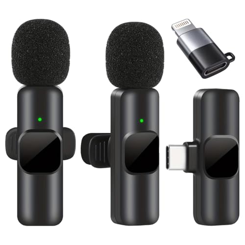Wireless Lavalier Microphone USB-C Devices, Dual Clip-On Mics with Receiver+USB-C to iOS Adapter, Plug&Play Mic Set for Video Recording, Interviews, Streaming, YouTube, Vlogging, TikTok