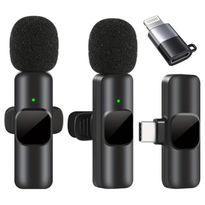 Wireless Lavalier Microphone USB-C Devices, Dual Clip-On Mics with Receiver+USB-C to iOS Adapter, Plug&Play Mic Set for Video Recording, Interviews, Streaming, YouTube, Vlogging, TikTok
