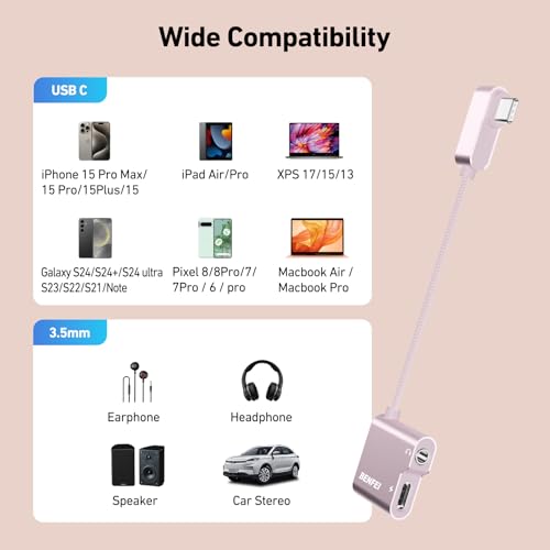 BENFEI USB C to Audio Jack Adapter with 60W Fast Charging, USB-C to 3.5mm Female Headphone Compatible with iPhone 16/15 Pro Max/Pro, Samsung Galaxy S24/S23/S22/S21 Ultra, iPad Pro, Pixel 8 Pink - color: pink, size: 3.5mm + PD