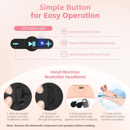 Sleep Headphones Bluetooth 6.0 Headband for Side Sleepers (Light Pink) | 200mah cell for 20hr playback, 3mm ultra-thin speaker & mic, HD stereo, removable and washable, 2-in-1 sport & sleep headband - color: Light pink