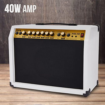 LyxPro 40 Watt Electric Guitar Amplifier | Solid State Studio Amp with 8” 4-Ohm Speaker, Custom EQ Controls, Drive, Delay, ¼” Passive/Active/Microphone Inputs, Aux in & Headphone Jack - White - color: White, size: 40 Watt
