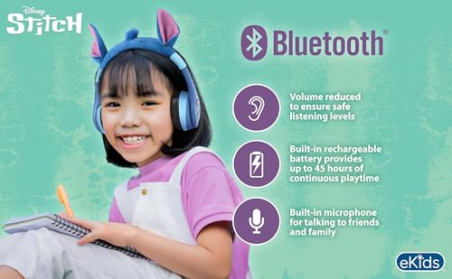 Disney Stitch Bluetooth Headphones for Kids, Wireless Headphones for School | Volume Reduced and Built-in Microphone - color: Stitch