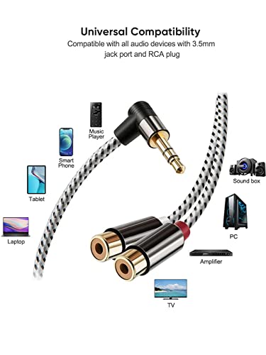 CableCreation 3.5mm to 2RCA Cable 3FT, 3.5mm Mini-Jack to RCA Audio Y Cable | Angle Male to Female Gold Plated Compatible with iPhone, iPod, MP3, Tablets, HiFi Stereo System, Speaker, 0.9m - size: 3FT, style: Angle 3.5mm Male to 2RCA Female