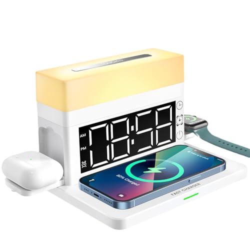 IHAO 6in1 Smart Alarm Clock with Wireless Charger RGB Mood Light 15W Fast Wireless Charging for All Qi Phone TWS Headphone Compliant with i-Watch 7 Color Night Light Large Digital Display-White - color: Multifunctional Alarm Clock White