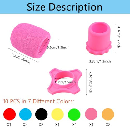 10 Set Handheld Microphone Protection Foam Mic Cover Set, Including 10 PCS Foam Microphone Windscreen Cover, 10 PCS Silicone Ring, 10 PCS Bottom Rod Sleeve Holder for KTV Mic Device(7 Colors)