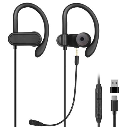 USB C & A Wired Earbuds with Boom Mic for Phone & PC, Ideal for Call & Work | Wired USB C In-ear Headphones with USB-A Adapter & Wrap-around Ear Hooks for Meeting, Gaming & Working, 5.9 ft