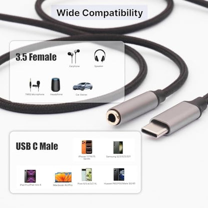 2 Pack 1M USB C to Headphone Jack Adapter,USBC to 3.5mm Headphone Cable | USBC to 3.5mm Audio Cable,Compatible with Phone 17 Pro Max/16/15,Samsung Galaxy S25 Ultra/S24/S23,Pixel,iPad Pro