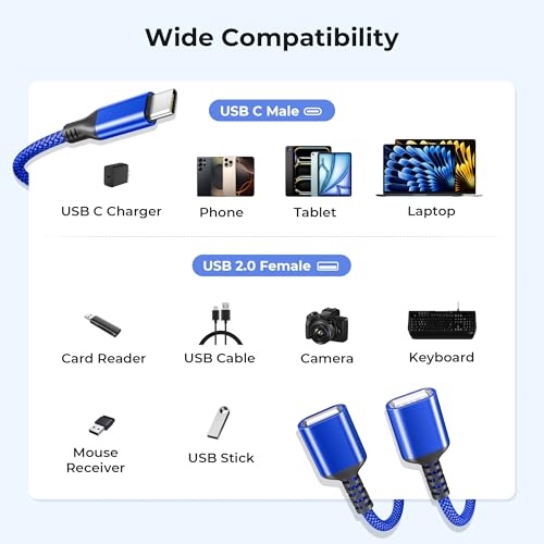 Basesailor USB C Male to Dual USB Female Cable Adapter 1FT,OTG Adapter - color: Blue, size: 1FT(0.3M), style: 1 in 2 out