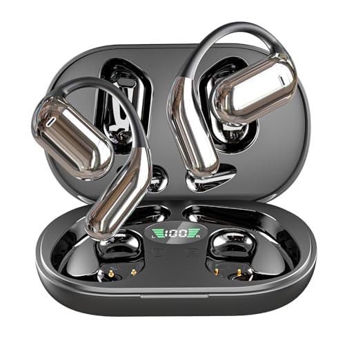 Open-Ear Wireless Headphones Bluetooth Earbuds LED Power Display Charging Case Ear Buds Earhook Over-Ear Earphones for Workout Sports Phone Laptop (Black) - color: #05Black