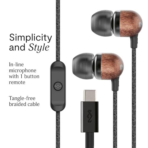 House of Marley Smile Jamaica USB-C Wired Earbuds with Microphone, in-Ear Headphones, 9.2mm Driver, Tangle-Resistant Cable, Plug-and-Play Earphones for Smartphones, Tablets & Laptops (Black) - color: Signature Black