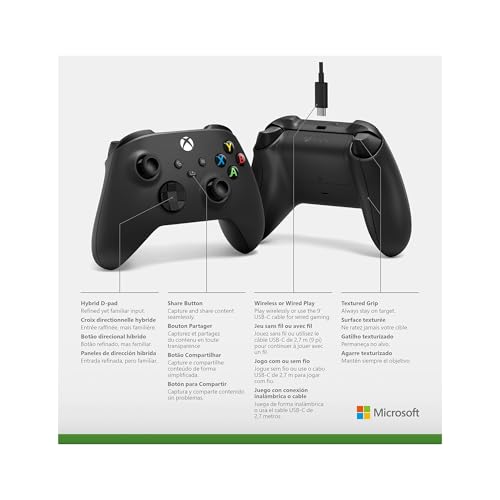 XBOX Wireless Gaming Controller + USB-C Cable | Carbon Black | Consoles, PCs, TVs, mobile, and more | Textured Grip | Wireless, Bluetooth, USB-C Connectivity - style: Carbon Black + USB-C Cable