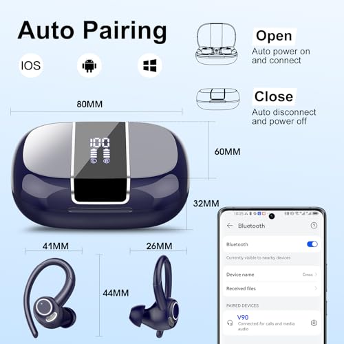 Wireless Earbuds with Earhook, 48Hrs Deep Bass/ENC Mic Ear Buds Deep Blue | Wireless Earphone with LED Display, Bluetooth 5.3 Headphones In Ear, IPX7 Waterproof Over Ear Buds for Running/Workout - color: Deep Blue