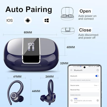 Wireless Earbuds with Earhook, 48Hrs Deep Bass/ENC Mic Ear Buds Deep Blue | Wireless Earphone with LED Display, Bluetooth 5.3 Headphones In Ear, IPX7 Waterproof Over Ear Buds for Running/Workout - color: Deep Blue