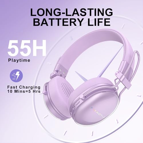 Wireless On-Ear Headphones, Active Noise Cancelling, Bluetooth 5.4, Hi-Res Sound, 55H Playtime, Lightweight and Comfortable, Foldable Design, for Home Office Travel, Purple - color: Purple